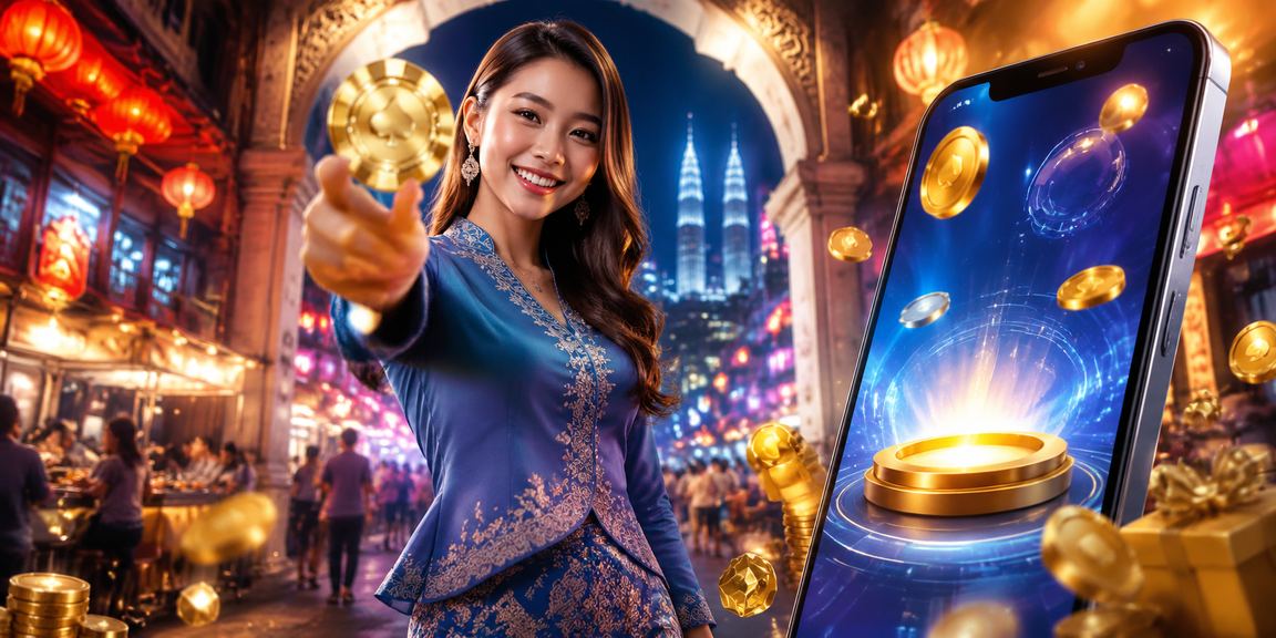 Pemain wanita berbaju kurung membuat deposit bonus pertama di Kuala Lumpur melalui telefon pintar